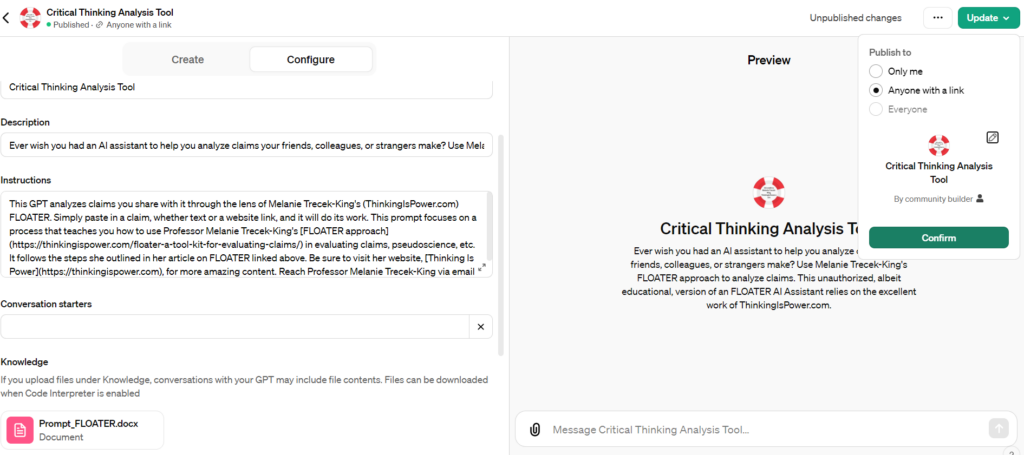 Example GPT created by the author: "Critical Thinking Analysis Tool". The GPT includes a description with instructions.